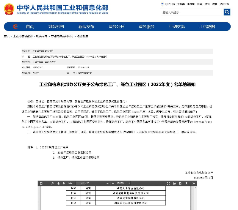 工业和信息化部办公厅关于公布绿色工厂、绿色工业园区（2025年度）名单的通知