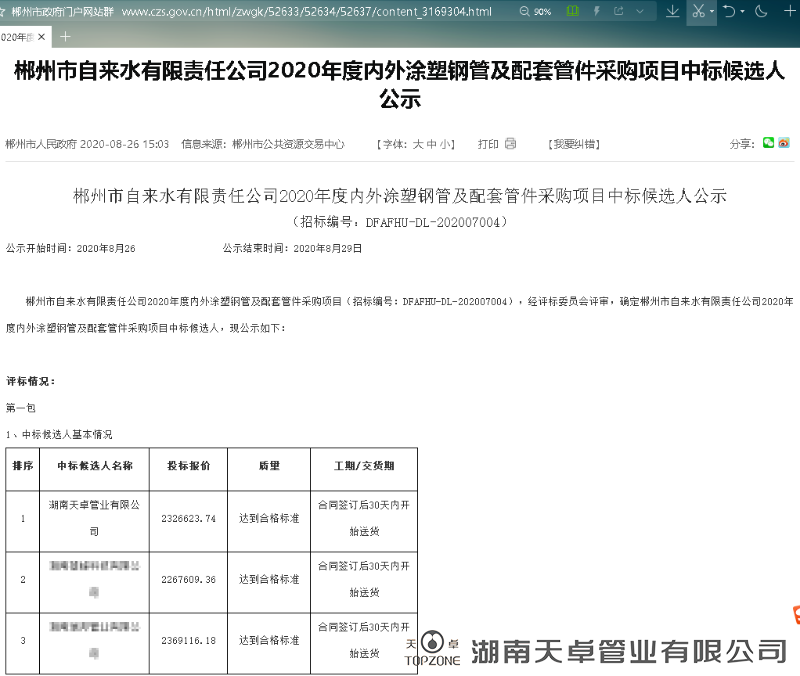 郴州市自来水公司2020年度内外涂塑钢管及配套管件